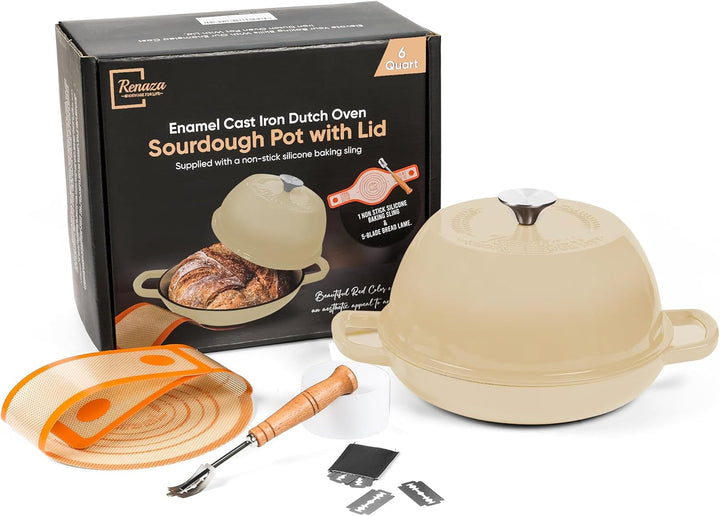 Enameled Cast Iron Dutch Oven Pot with Lid - Dutch Oven for Sourdough Bread Baking - with 5 Blade Bread Lame & Non-Stick Silicone Sling Perfect for Sourdough Breads & More. Cast Iton Enamel Braiser Pan with Lid (WHITE, 6 Quart Sourdough Pot)