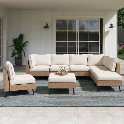 Outdoor Patio Furniture, 8 Piece Outdoor Sectional Sofa PE Rattan Wicker Patio Conversation Sets,All Weather Patio Furniture Set with Thick Cushions for Garden, Poolside, Backyard(Beige)1