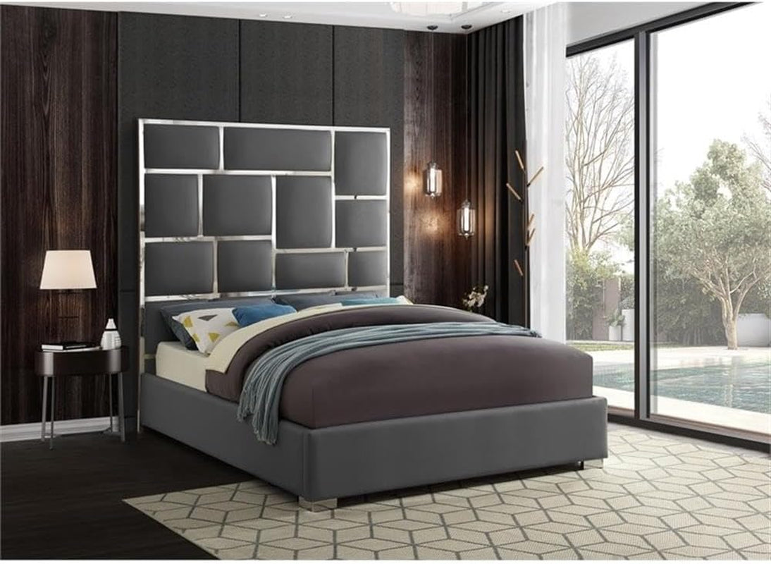 modern-king-bed-solid-wood-and-gray-vegan-leather-chrome-metal-accents-81-5-w-x-84-5-d-x-70-h-tall-geometric-headboard-no-box-spring-required-contemporary-bedroom-furniture