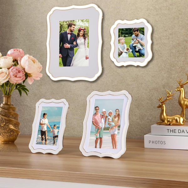 High-End Zinc Alloy 5X7'' White Picture Frame - Classic Vintage Scalloped Design with Enamel Finish & 4X6'' Premium Acid-Free White Mat, Luxury Velvet Back for Weddings & Home Decor4