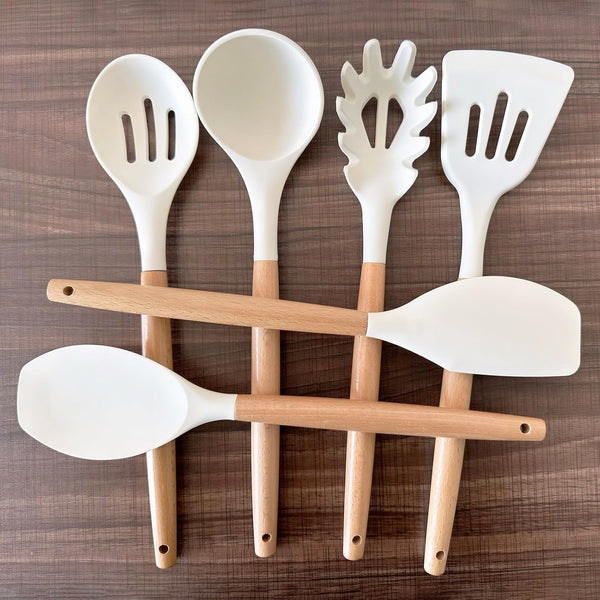 Kitchen Cooking Utensils Set 6Pcs Non-Stick Silicone Kitchen Utensils Spatula Spoon Turner Ladle Pasta Server, Heat Resistant Wooden Handle Silicone Cooking Gadgets Sets for Cookware & Baking6