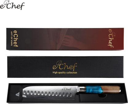 7-Inch Santoku Knife, Professional Damascus VG10 Steel Kitchen Chef Knife, Wood Grain Resin Handle, Comes with Gift Box (7.5-Inch Santoku Knife)7