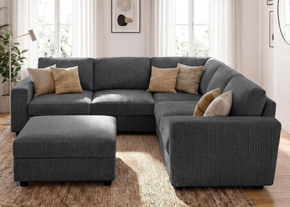 Sectional Sofa, 6 Seater L-Shaped Sectional Couch with Storage Ottoman for Living Room, Dark Grey3