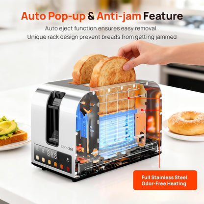 Smart Touch Screen 2 Slice Toasters with 6 Browning Levels, Timer | Reheat/Defrost/Cancel, Extra-Wide Slots, Removable Crumb Tray, Auto Pop-Up & anti Jam, Peak 925W, Full Stainless Steel Body6