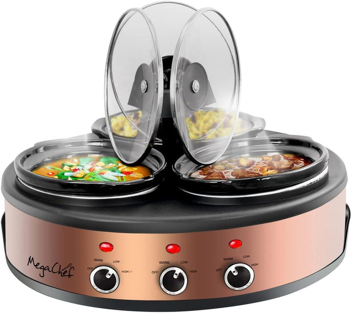 Round Triple 1.5 Quart Slow Cooker and Buffet Server in Brushed Copper and Black Finish with 3 Ceramic Cooking Pots and Removable Lid Rests