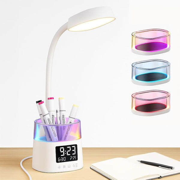 Led Desk Lamp with Pen Holder, Touch Lamps for Nightstand with 3 Color Modes, Eye-Caring Bedside Reading Light with Clock, Office Lamps Stepless Dimming, Lamp for Dorm Room, Suitable for Kid/Girl/Boy1