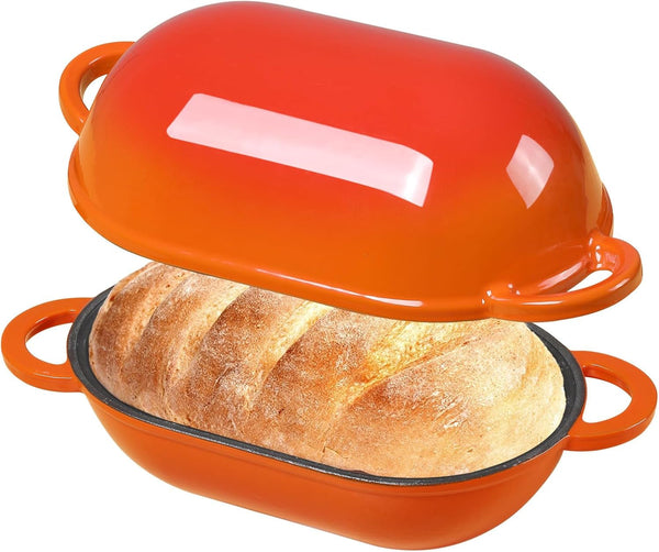 2.5 QT Enameled Cast Iron Sourdough Bread Oven, Loaf Pan with Lid | Oval Dutch Oven for Homemade Sourdough Bread Baking, Oven Safe up to 500°F, Meatloaf Pan with Dome Lid, Orange1