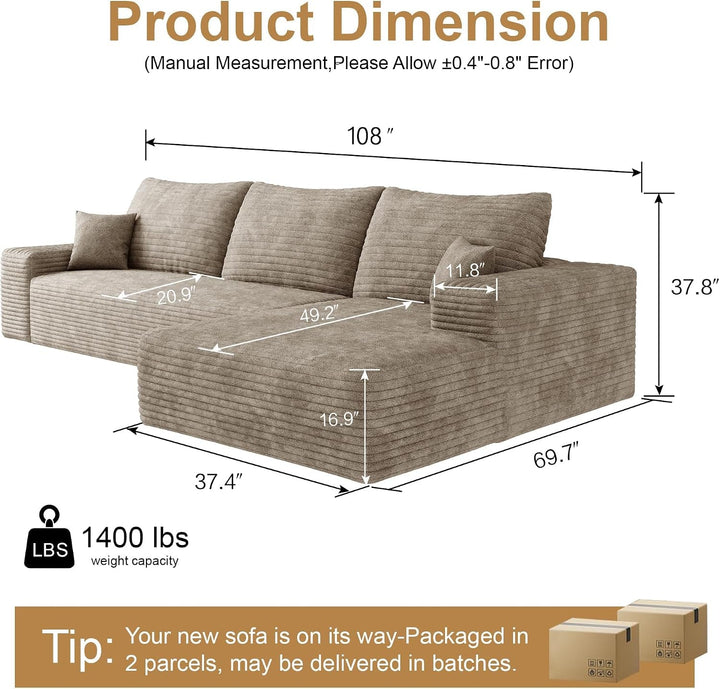 108" Sectional Couches for Living Room Modern Modular Sofa with L-Shape Couchs Upholstered Boneless Couch Deep Seat Sectional Couch with Chaise+2