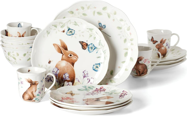 Butterfly Meadow Bunny Porcelain 16-Piece Easter Dinnerware Set for 41