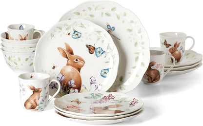 Butterfly Meadow Bunny Porcelain 16-Piece Easter Dinnerware Set for 41