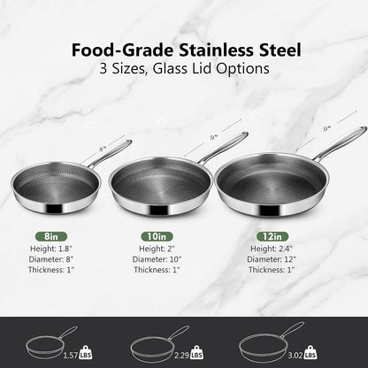 Frying Pans, 12-Inch Hybrid Frying Pans Stainless Steel Skillets, Dishwasher & Oven-Safe, Stay-Cool Handle, PFOA Free Cookware, Compatible with All Cooktops8