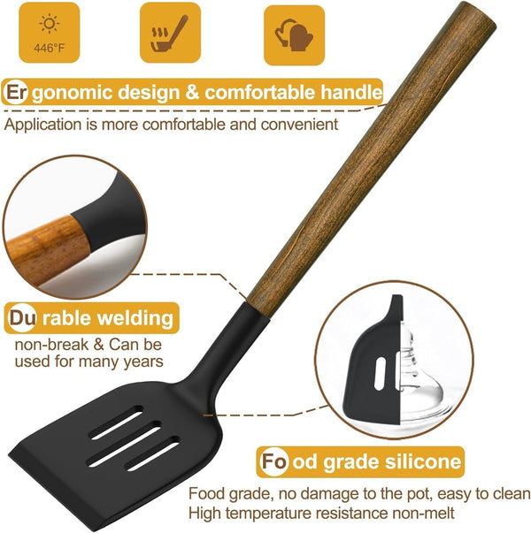 Silicone Cooking Utensil Set,  8-Piece Kitchen Utensils Set with Natural Acacia Wooden Handles,Food-Grade-Silicone Kitchen Gadgets Spatulas Set for Nonstick Cookware- Black7