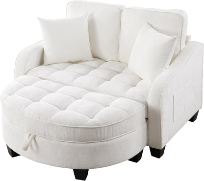 Chenille Tufted Loveseat Sofa and Ottoman Set, Tufted Recliner Sleeper Chaise Lounge with Curved Storage Ottoman,Reclining Backrest and Side Pockets, 4 Pillows6