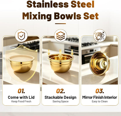 1.5 QT Stainless Steel Mixing Bowls with Lids, 2 Pack, Gold4