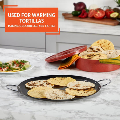 13.5In Carbon Steel Nonstick round Comal with Metal Handles, Black | Chrome Riveted Handles, Great for Tortillas, Essential Kitchen Tool7