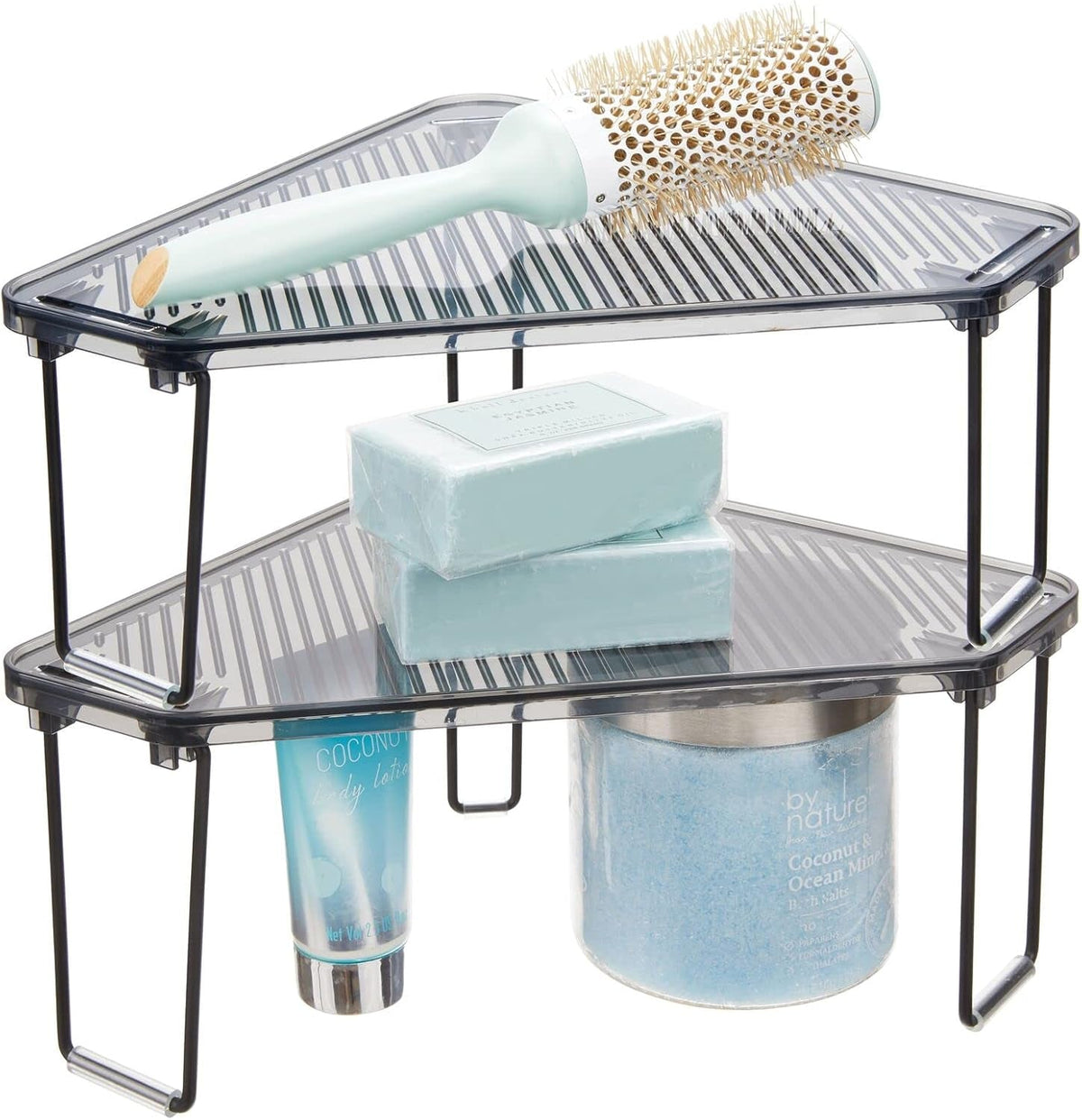 plastic-steel-corner-stackable-rack-storage-organizer-shelf-for-bathroom-vanity-countertop-sink-cabinet-holds-makeup-shower-accessories-ligne-collection-2-pack-black-smoke-gray