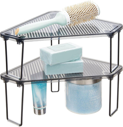 Plastic/Steel Corner Stackable Rack, Storage Organizer Shelf for Bathroom, Vanity, Countertop, Sink, Cabinet, Holds Makeup, Shower Accessories, Ligne Collection - 2 Pack - Black/Smoke Gray1