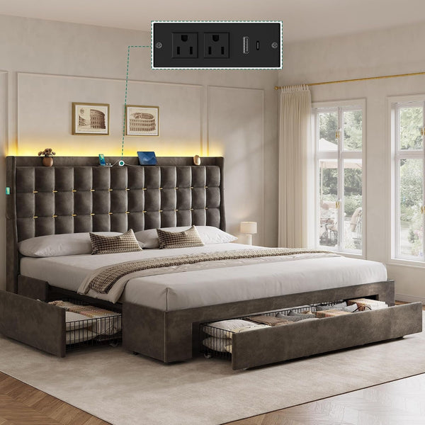 King Size Bed Frame with 3 Storage Drawers and RGB LED Lights9