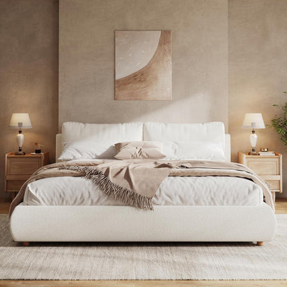 California King Boucle Platform Bed with 2 Headboard Pillows, White3
