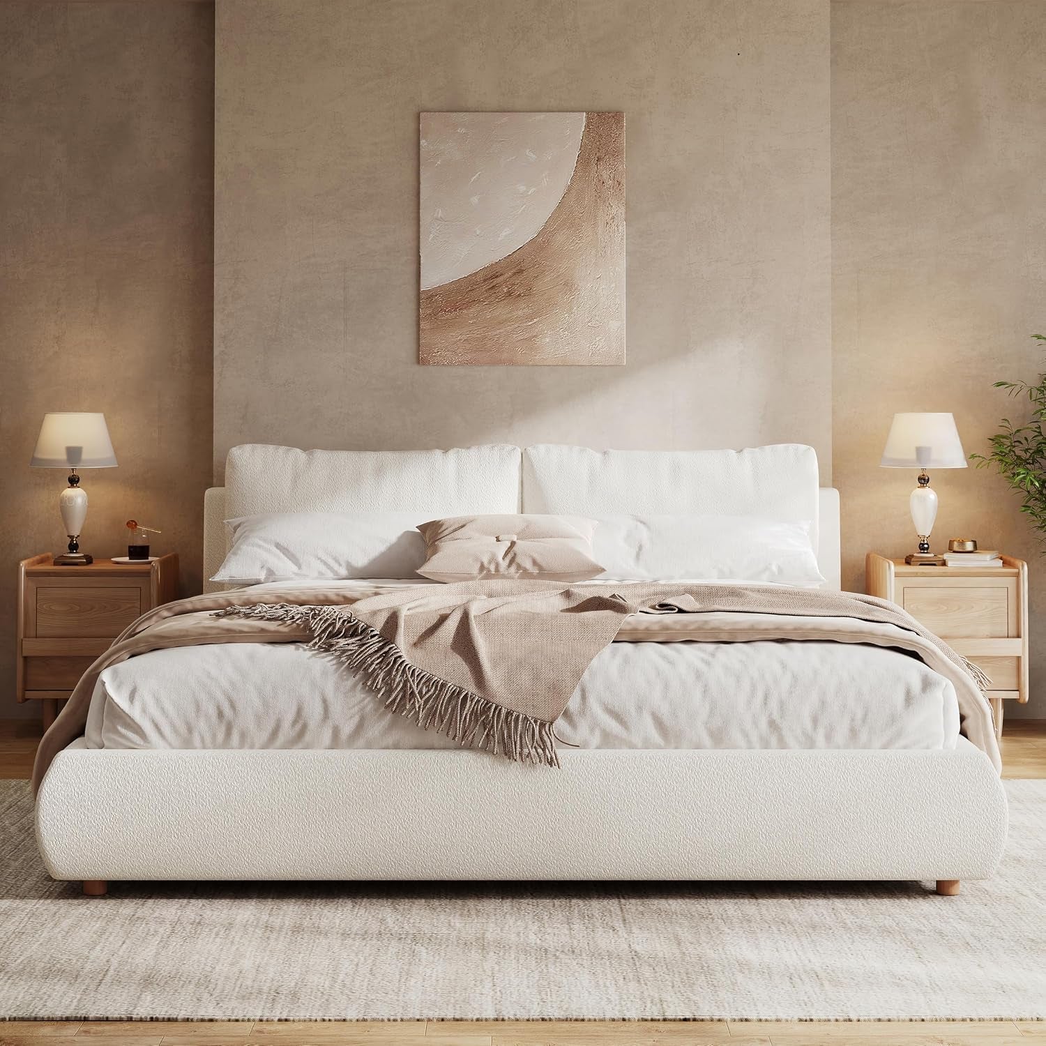 california-king-boucle-platform-bed-with-2-headboard-pillows-white