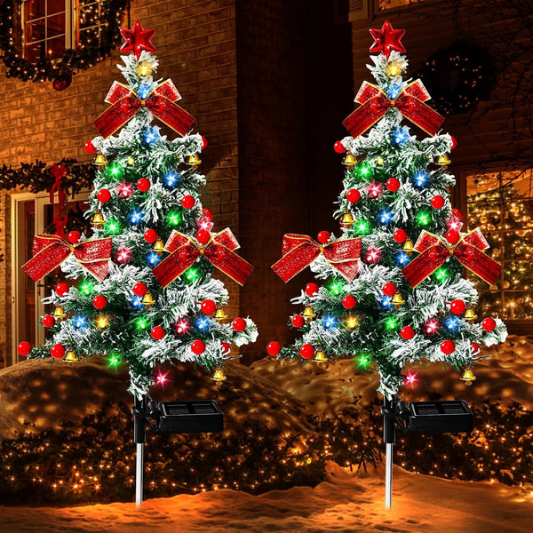 Solar Christmas Trees Lights Outdoor Decoration Waterproof, 40LED Small Solar Power Xmas Tree Pathway Lights, Solar Garden Decorative Stake Lights Yard Decor with Snow 2 Modes for Path Lawn Patio,2Pcs1