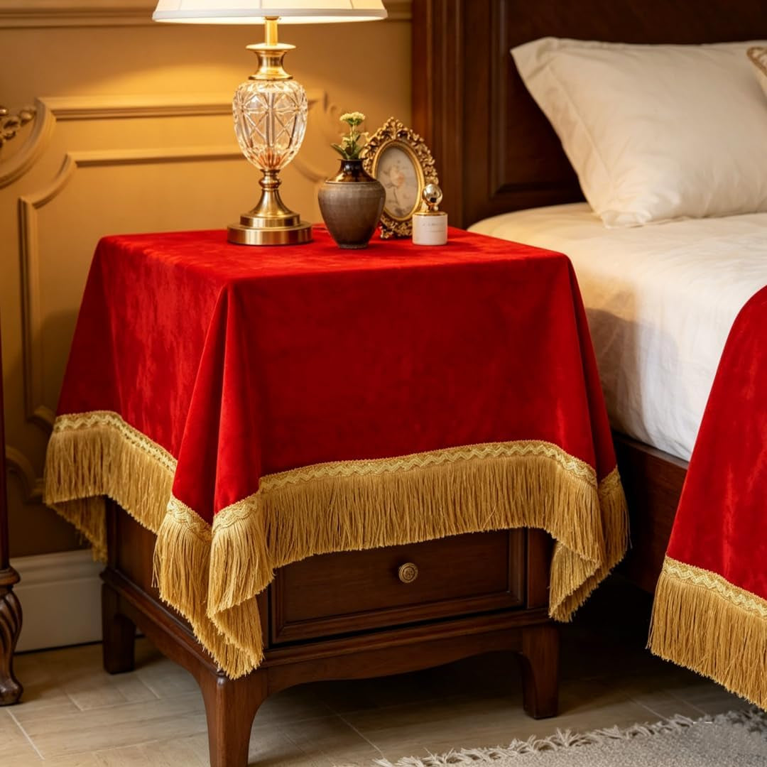 luxury-red-velvet-nightstand-cover-with-gold-tassel-fringe-decorative-bedside-table-cloth-dust-proof-dresser-scarf-for-bedroom-nightstand-side-table-dresser-home-decor-36-x-36-inch