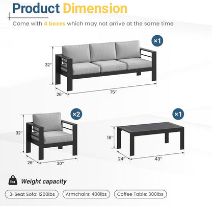 Aluminum Patio Furniture Set for All Weather, Oversized Metal Outdoor Furniture Set with 27.5" Deep Seating and 3.2" Wide Armrest, Patio Conversation Set with 5" Cushion, Black and Grey2