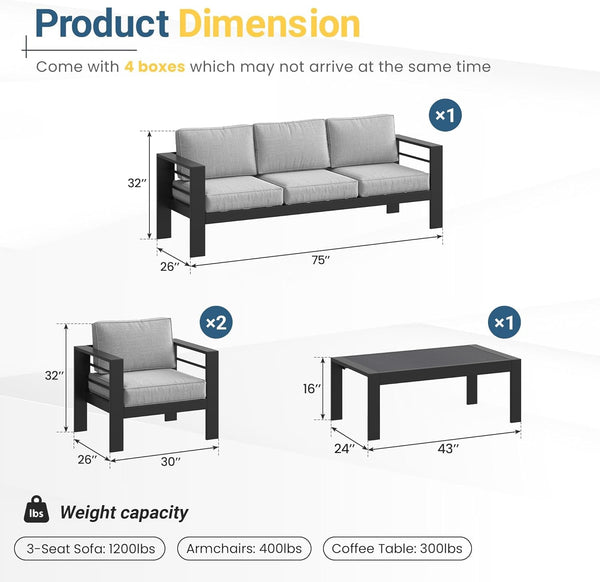 Aluminum Patio Furniture Set for All Weather, Oversized Metal Outdoor Furniture Set with 27.5" Deep Seating and 3.2" Wide Armrest, Patio Conversation Set with 5" Cushion, Black and Grey2