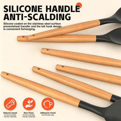 Silicone Cooking Utensil Set,10 PCS Cooking Kitchen Utensils Set, Nonstick Kitchen Utensils 446°F Heat-Resistant Cookware Tools of Spoon,Brush,Whisk,Spatula,Turner Tongs (Black)5