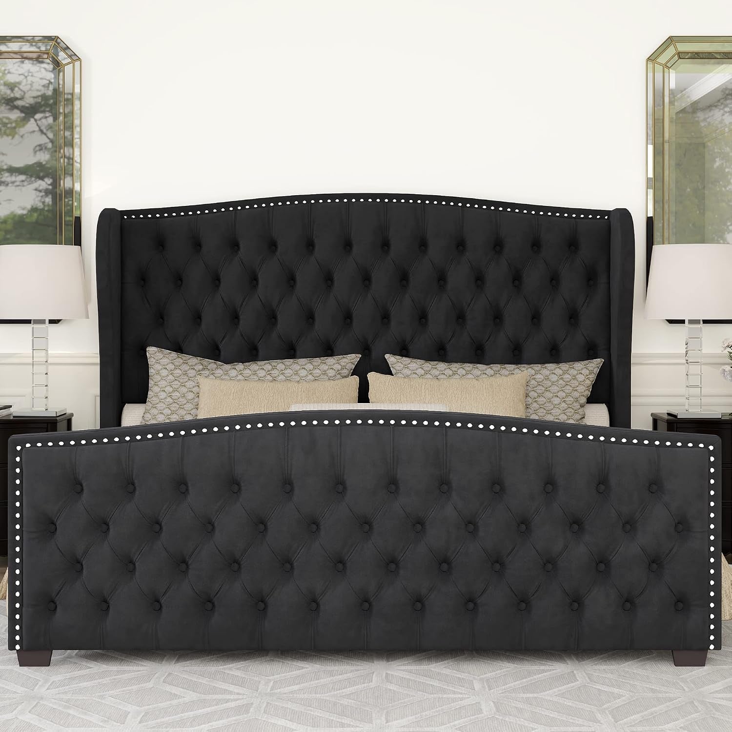 queen-size-bed-frame-with-velvet-upholstered-wingback-headboard