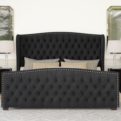 Queen Size Bed Frame with Velvet Upholstered Wingback Headboard3