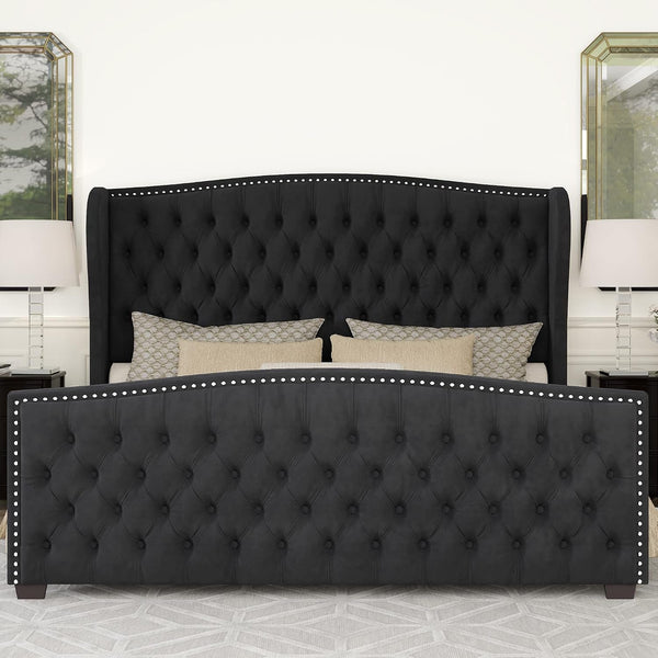Queen Size Bed Frame with Velvet Upholstered Wingback Headboard3