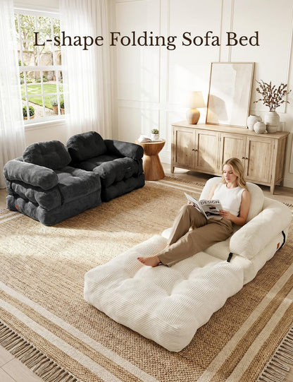 Folding Sofa Bed, L-Shaped Couch Back Support and Arm Pillow Futon3