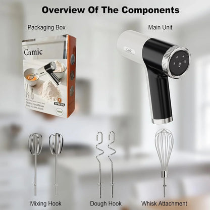 Electric Hand Mixer with 9 Speeds, Powerful Motor, Cordless Hand Mixer with Whisk, Dough Hook and Mixing Rod for Whipping Eggs, Cream, Butter, Jam, Kneading Dough and Blending (White+Black)3