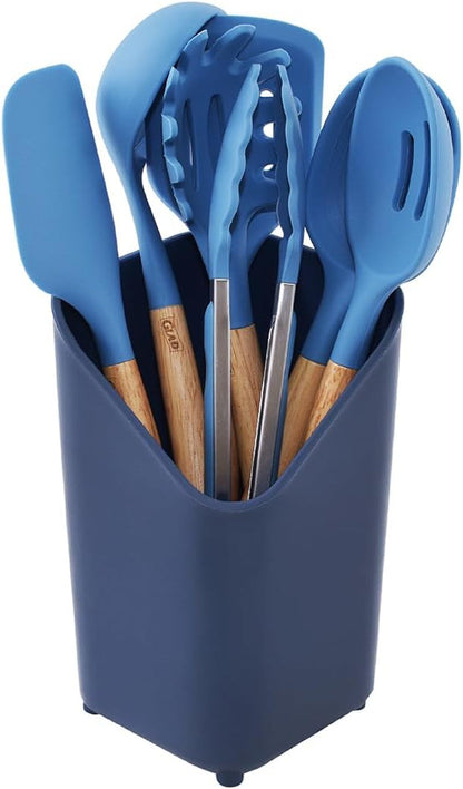 Silicone Kitchen Utensils Set, 8Pcs - Nonstick Cooking Tools with Wooden Handles and Utensil Holder - Spatula Set with Turner, Ladle, Spoons, Tongs, and Spaghetti Server - Blue1