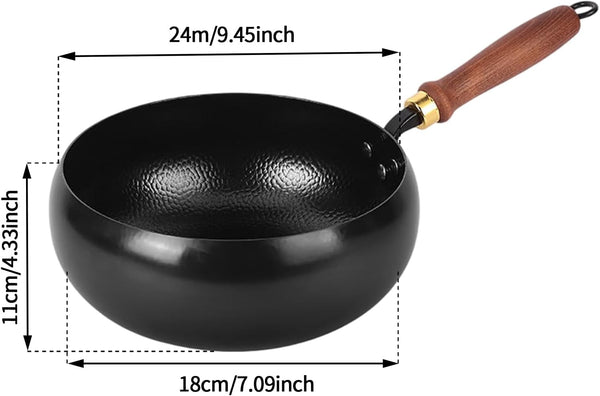 Fast-Heating Cast Iron Stir-Fry Pan Deep round Base with Wooden Handle-24Cm | Hand-Hammered Household Uncoated Cast Iron Wok, Uncoated Thick-Walled Cast Iron Potfor Stir-Fry, Sear, Braise.3