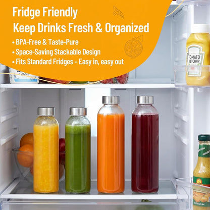 18 Oz Glass Water Bottles, Clear Glass Bottles with Lids 6 Pack | Leak Proof Reusable Juice Bottle with Stainless Steel Cap for Juicing, Refrigerator, Dishwasher Safe,Bpa-Free Juice Container4