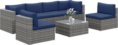 7 Piece Patio Furniture Sets All Weather Gery PE Wicker Couch Sofa with Glass Table, Removable Navy Cushions1