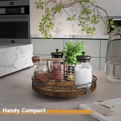 9-Inch Farmhouse Oak Lazy Susan Cabinet Organizer, Walnut Finish | Smooth Rotating Oak Tray with Walnut Finish for Dining Tables, Kitchen Counters, Pantries and Cabinet Storage.2