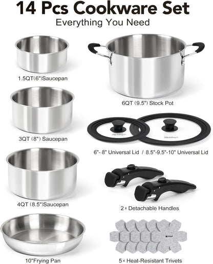 14Pcs Tri-Ply Stainless Steel Cookware Set with Detachable Handles, Stackable Pots and Pans Set for Rvs, Small Kitchens & Apartments, Induction Compatible, Oven Safe, No Coating & No PFAS8