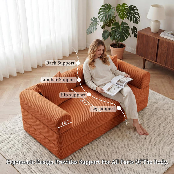 Futon Sofa Bed Modular Loveseat Sleeper Folding Pull Out Couch with Pillows, No Assembly Required Boneless Couch for Living Room Bedroom Guest Room (Orange, 59.06" Loveseat Sofa)6
