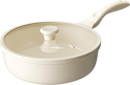 Nonstick Deep Frying Pan with Lid, Ceramic Saute Pan Skillet, PFOA PFOS Free, Induction Compatible, Stay-Cool Helper Handle, Tempered Glass Cover, Dishwasher Safe, Beige (3.7Qt, 10")1