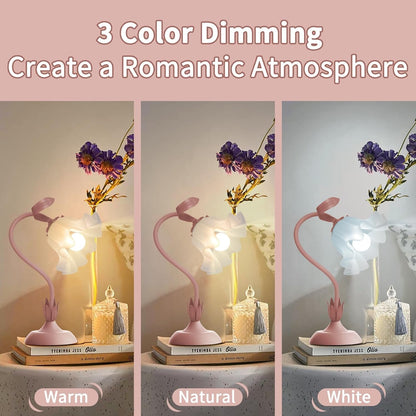 Women Bedside Table Lamps for Bedroom, Cute Flower Desk Lamp with Adjustable Flexible Gooseneck, 3 Color Temperatures Nightstand Lamp with E26 LED Bulbs, Floral Lamp for Living Room, Office,Reading2