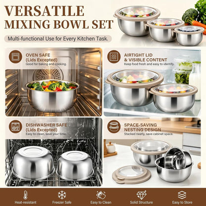 Mixing Bowls with Lids Set of 3, Khaki Stainless Steel Salad Bowl6