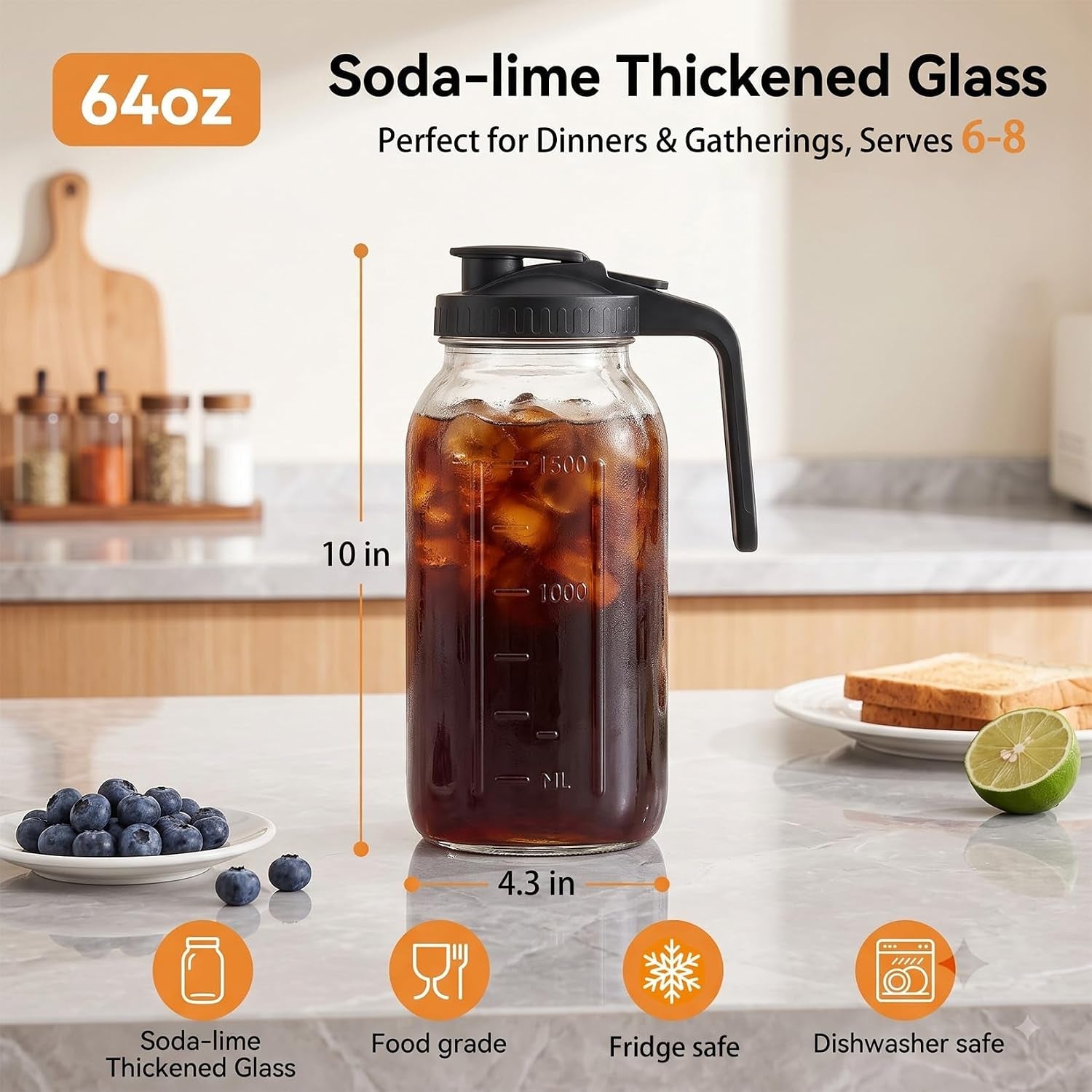 64oz2-quart-mason-jar-pitcher-glass-pitcher-with-lid-for-cold-brew-airtight-leakproof-pour-spout-lid-ergonomic-handle-wide-mouth-thick-glass-fridge-dishwasher-safe-for-sun-iced-tea