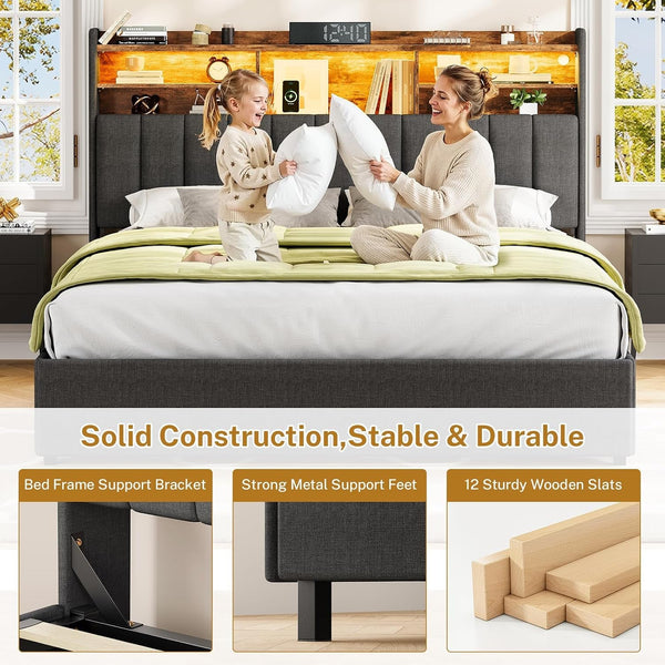 Queen Bed Frame with Headboard and 4 Drawers Storage, Bed Frame Queen Size Built in LED Lights and Charging Station, Sturdy & Noise-Free Upholstered Platform Metal Support Bed, Dark Grey8
