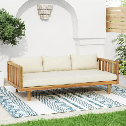 Claremont Patio Sofa and Coffee Table Set, 2 Piece Outdoor Patio Furniture Set with Cushion, Acacia Wood 3 Seater Outdoor Sofa Daybed and Coffee Table Set, Teak+Beige9
