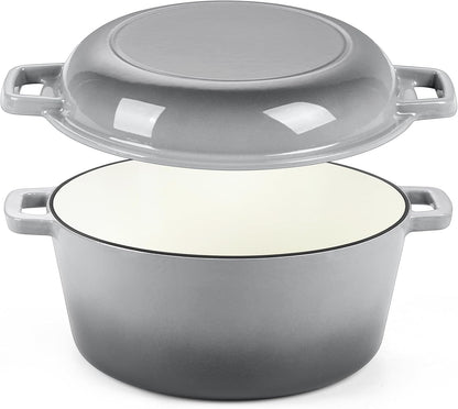 2 in 1 Gray Dutch Oven Pot with Lid for Bread Baking, 5Qt | Cast Iron Bread Dutch Oven, Skillet & Pot for Roasting Braising Stewing Frying Simmering, Multi Stoves & Oven Safe1