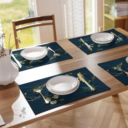 12"X18" Navy/Green Hummingbird Golden White Flowers Placemats Set of 4 Washable Thick Place Mats Kitchen Table Mats Decorative Linen Fabric Table Mat for Dining Table Kitchen Home Decor2
