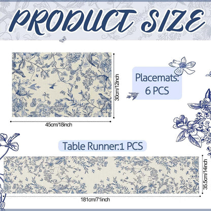 Blue Floral Summer Table Runner and Placemats Set of 7, 12" X 18" Blue and White Chinoiserie Place Mats 13" X 72" Flower Table Runner for Holiday Baby Shower Party Kitchen Dining Decoration3